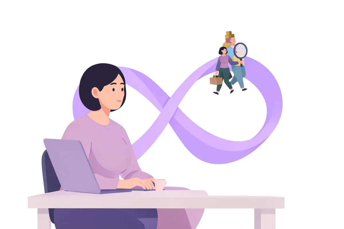 Illustration av en kvinna som sitter vid ett skrivbord med en laptop. Bakom henne svävar ett stort lila band format som en oändlighetsslinga. Uppe på slingan går två små figurer, en som bär byggklossar och en som håller ett förstoringsglas.