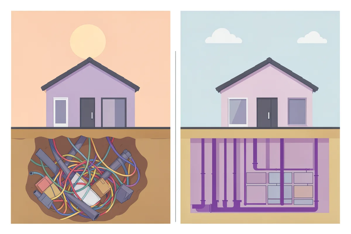 Illustration i två delar. Till vänster ett litet hus vars grund är ett trassel av sladdar, tejpade rör och lösa lådor. Till höger samma hus på en prydlig grund med raka rör och moduler i ordnade rader.