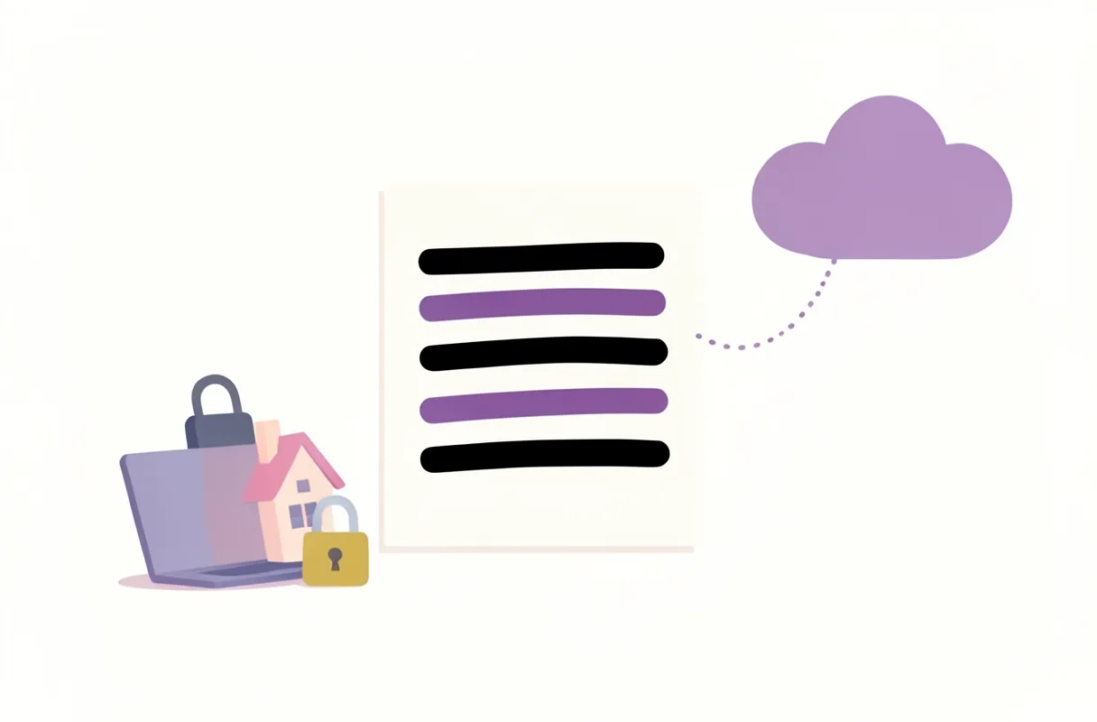 Illustration av ett dokument där flera rader är maskerade med violetta streck. Till vänster en lokal dator med hänglås, till höger ett moln med en prickad linje dit.