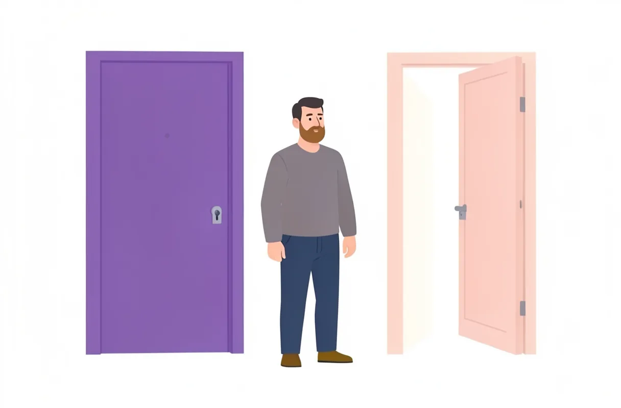 Illustration av en man som står mellan två dörrar. Den vänstra är violett, stängd och har ett lås. Den högra är rosa och står öppen.