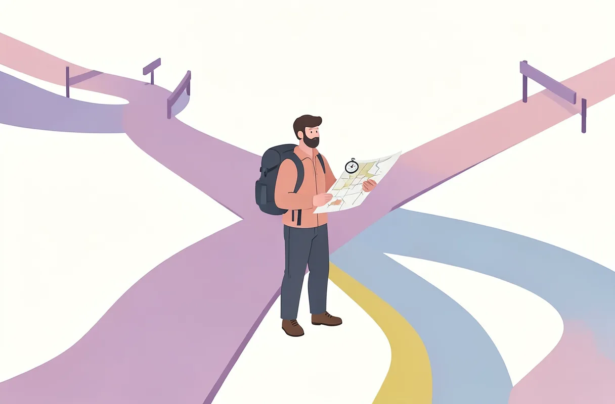 Illustration av en upptäcktsresande med ryggsäck, karta och kompass vid ett vägskäl. Flera av stigarna är avspärrade med bommar.
