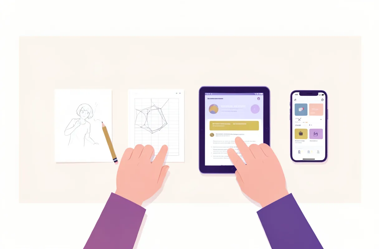 Illustration av två händer som arbetar vid ett skrivbord. I rad ligger en pappersskiss, en wireframe på rutat papper, en surfplatta med en enkel skärm och en mobil med en färdig app.