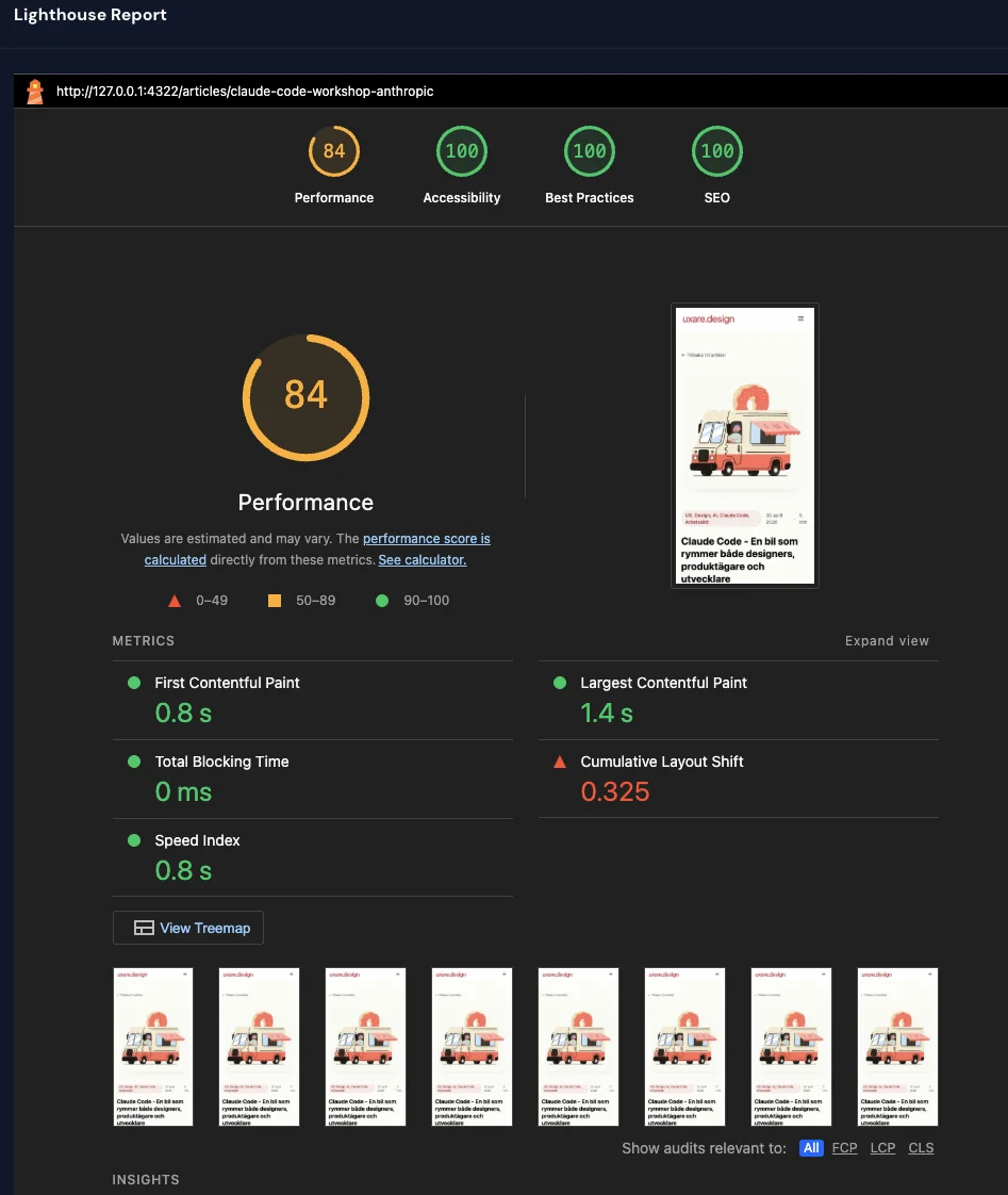 Lighthouse-rapport för en av sajtens sidor. Tillgänglighet, Best Practices och SEO ligger på 100 i gröna ringar, Performance på 84 i orange. I detaljvyn nedanför är mätvärdet Cumulative Layout Shift markerat i rött med värdet 0,325. Övriga mätvärden är gröna.