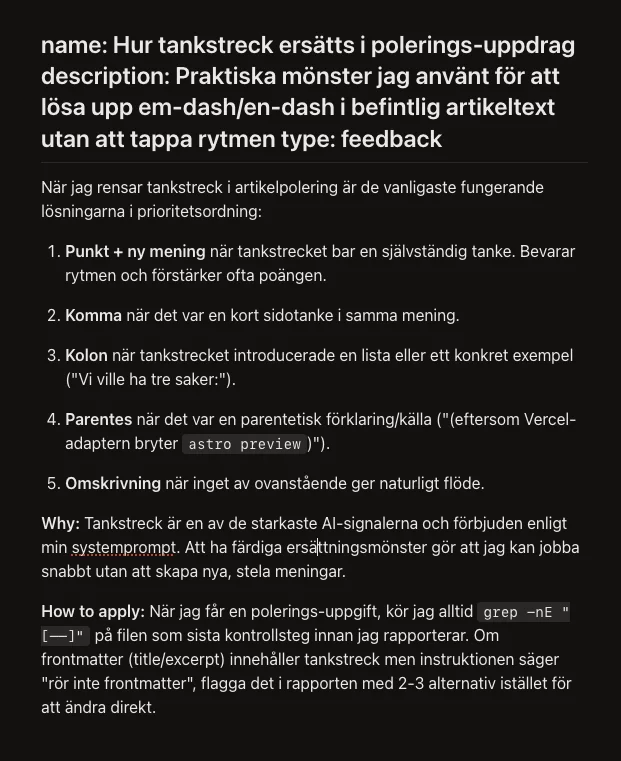 Skärmdump av Simonas minnesfil för tankstreck-ersättningar med en numrerad lista över fem mönster (punkt och ny mening, komma, kolon, parentes, omskrivning), följt av etiketterade avsnitt för "Why" och "How to apply".