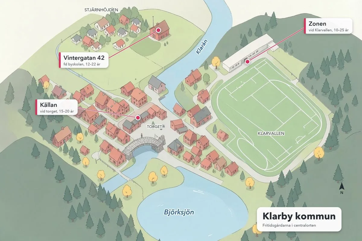 Illustrerad karta över Klarby med ån Klarån, sjön Björksjön, torget och idrottsplatsen Klarvallen. Tre gårdar är utmärkta: Källan vid torget för 15 till 20 år, Zonen vid Klarvallen för 10 till 25 år och Vintergatan 42 i den före detta byskolan för 12 till 22 år.