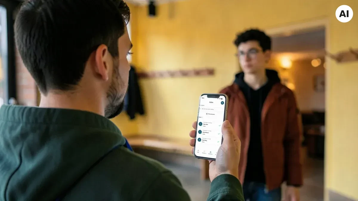 AI-genererad bild. Fritidsledaren Kim står i hallen på gården med mobilen i handen och ser i appen att Sam har checkat in. Sam står i hallen i bakgrunden.