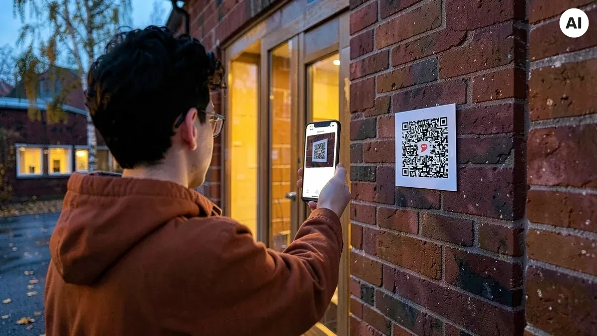 AI-genererad bild. Sam står utanför gårdens tegelfasad en höstkväll och skannar en QR-kod på väggen bredvid dörren med mobilen.