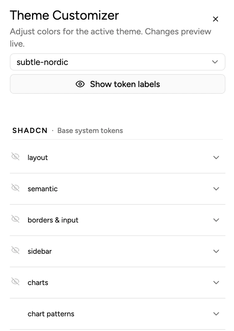 Theme Customizer-panelen med tokengrupper för bastema och produktspecifika tillägg